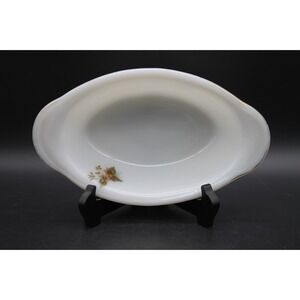 Lot of 2 Vintage Milk Glass Oval Casserole Dishes 10x6 Gold Trim Floral